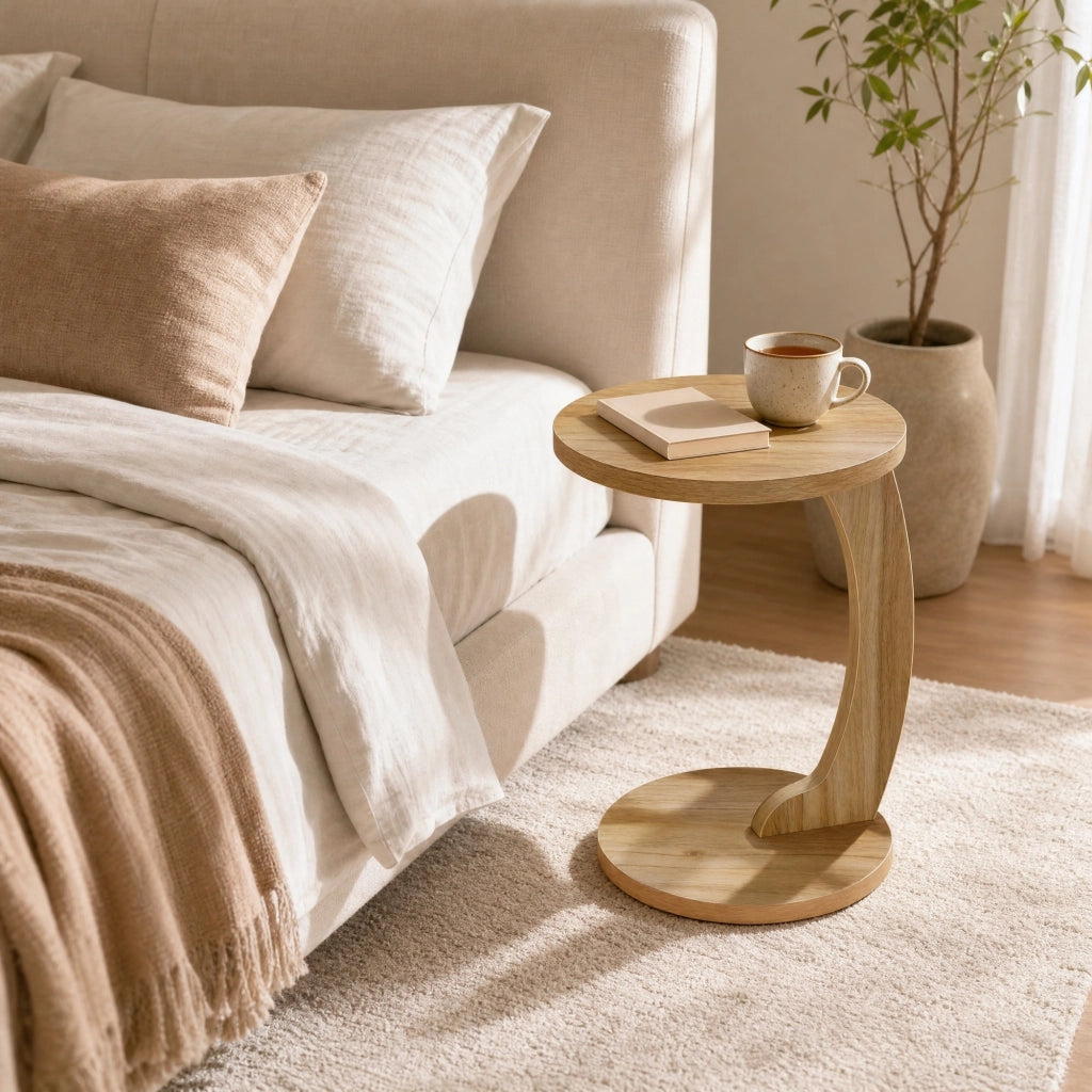 Tavolino laterale a C rotondo 38x55 cm in MDF marrone chiaro