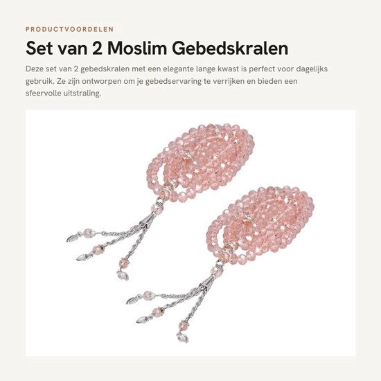 Set di Tasbih per Preghiere a 99 Perle - Moslem - Set di 2 con Asta Lunga - Rosa - Ideale per Donne