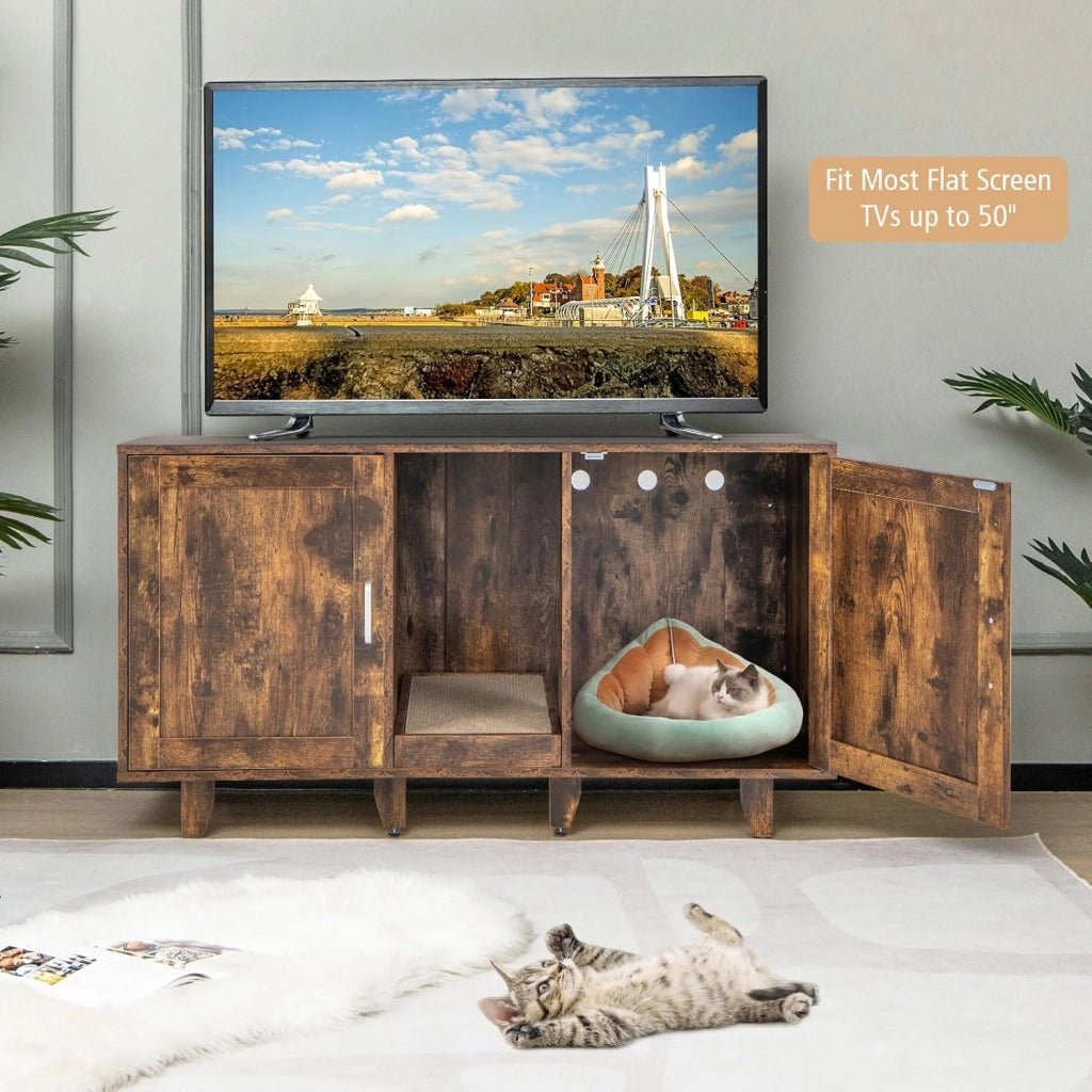 Mobile Lettiera per Gatti con 2 Ante, Armadio per Gatto in Legno con Ingresso Centrale e Tiragraffi, Grotta Rifugio Multiuso per Soggiorno e Camera da Letto, 120 x 52 x 65 cm (Marrone Rustico)