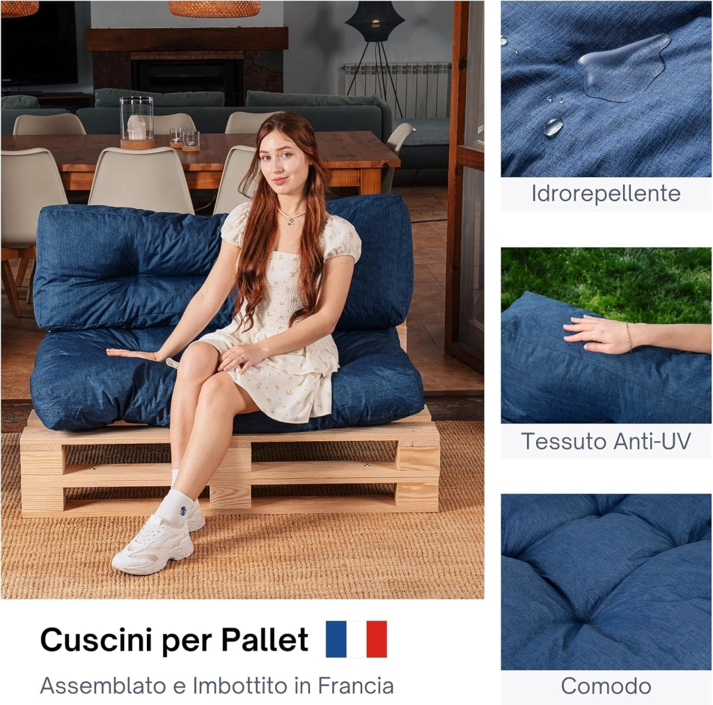 Cuscini per Pallet - Tessuto Idrorepellente e Anti-UV - Molto Confortevole, Imbottito in Schiuma - Cuscini per Divano Esterno Giardino (Seduta 120x80 cm + Schienale 120x40 cm, Blu)