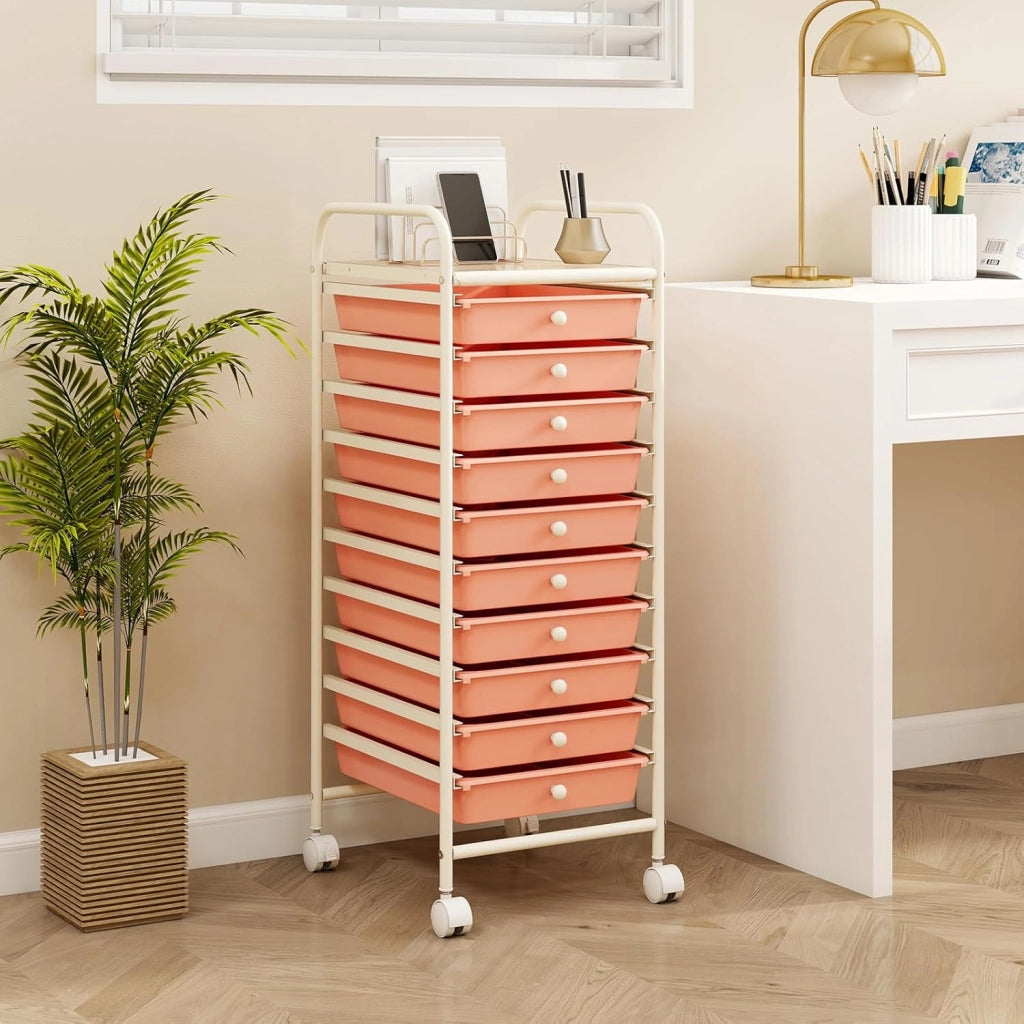 Carrello con 10 Cassetti da Stoccaggio, Cassettiera di Metallo e Plastica, Contenitore Multiuso con Ruote a Freno, per Casa e Ufficio (Arancia)