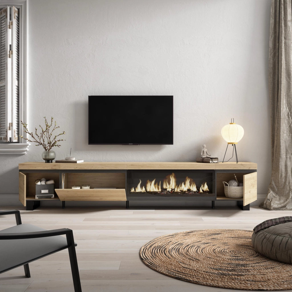Mobile TV Soggiorno, 288x35x57cm, TV di grande formato, Camino elettrico XXL, Design industriale, colore Rovere RF3624