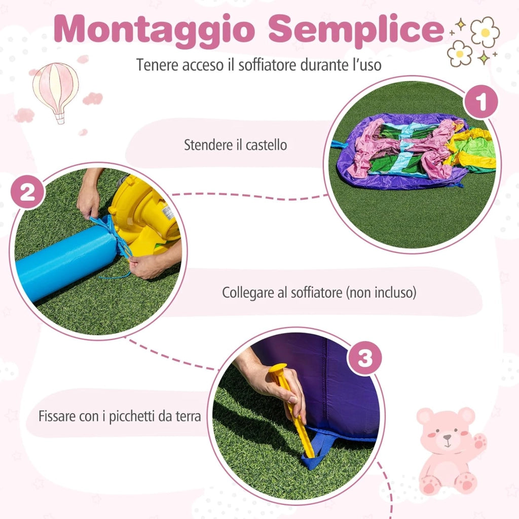 Castello Gonfiabile per Bambini, Castello con Trampolino, Scivolo e Canestro da Basket, Casa Gonfiabile Senza Ventilatore per Feste di Compleanno e Matrimonio, 240 x 174 x 143 cm