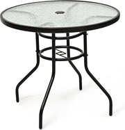 Tavolo da giardino rotondo φ80 cm, tavolo da bistrot in metallo e vetro, tavolo da balcone con foro per portaombrelli, tavolino da caffè in vetro, resistente alle intemperie, per interni ed
