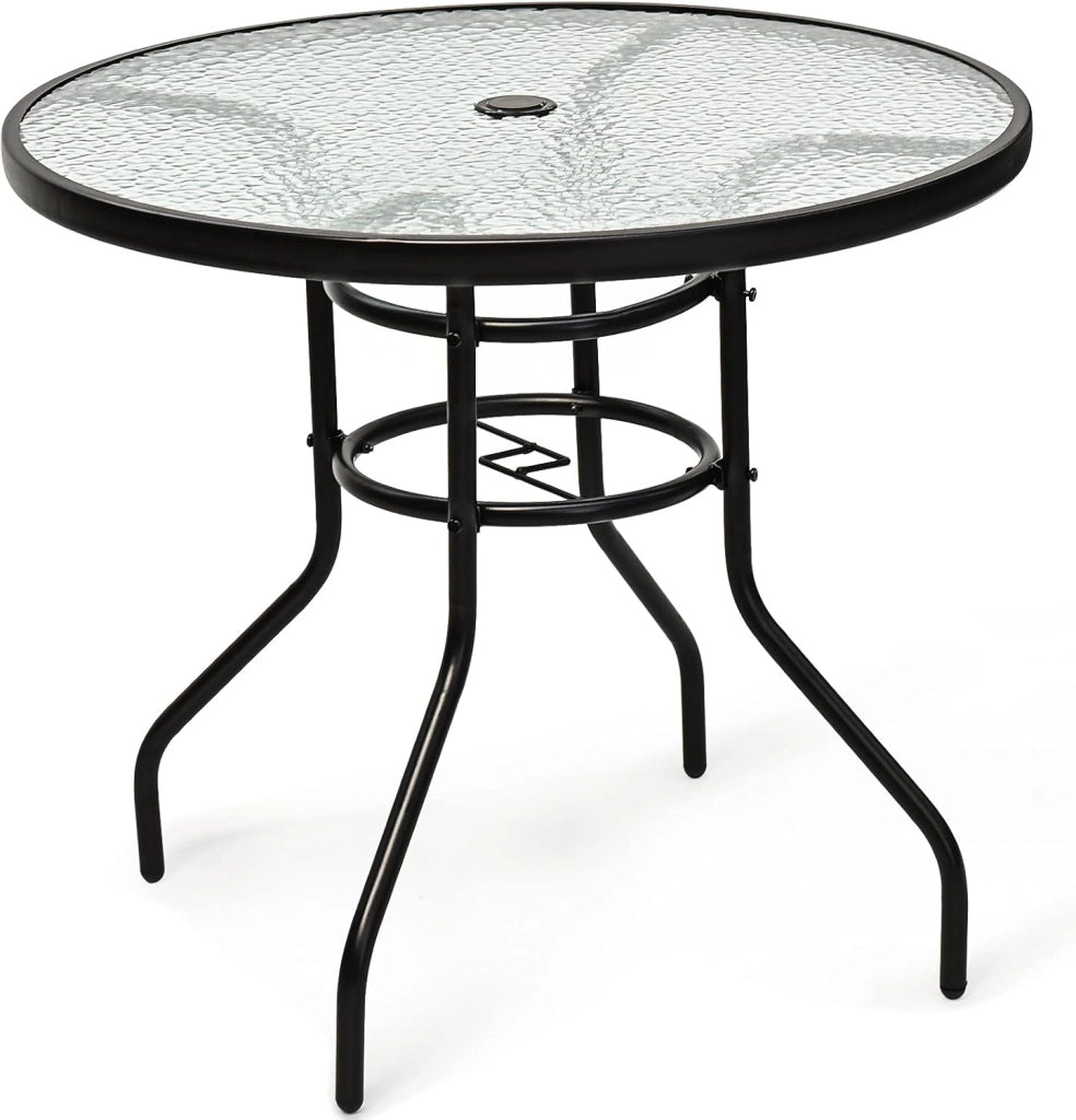 Tavolo da giardino rotondo φ80 cm, tavolo da bistrot in metallo e vetro, tavolo da balcone con foro per portaombrelli, tavolino da caffè in vetro, resistente alle intemperie, per interni ed