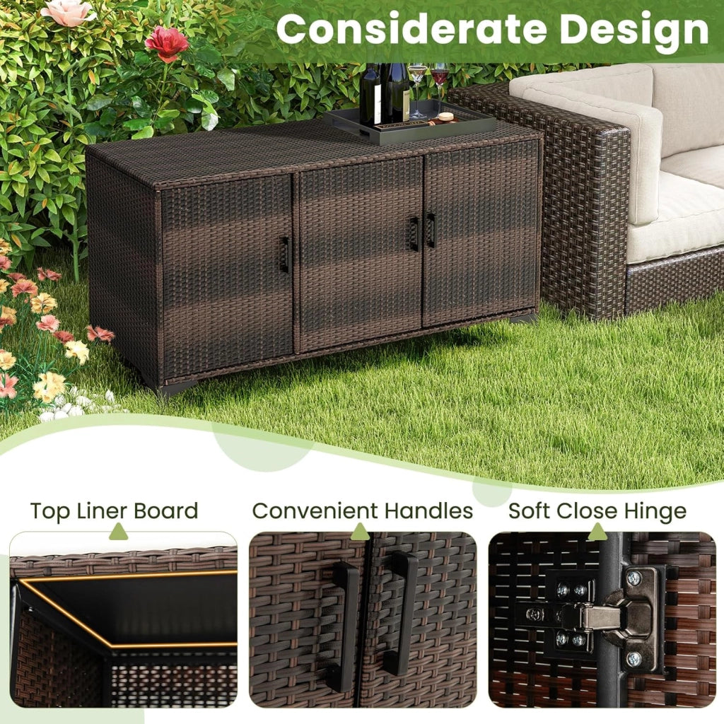 Armadio da Giardino in Rattan Wicker con 3 Porte e Ripiani Rimovibili, Armadio da Esterno Impermeabile per Cuscini, Giochi da Piscina, Strumenti da Giardinaggio (Marrone)