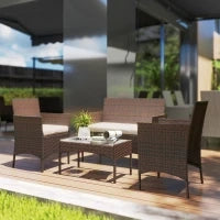 Set da Giardino 4 Pezzi con Divano 2 Posti, 2 Sedie e Tavolino Basso, in Rattan e Acciaio, Beige e Marrone