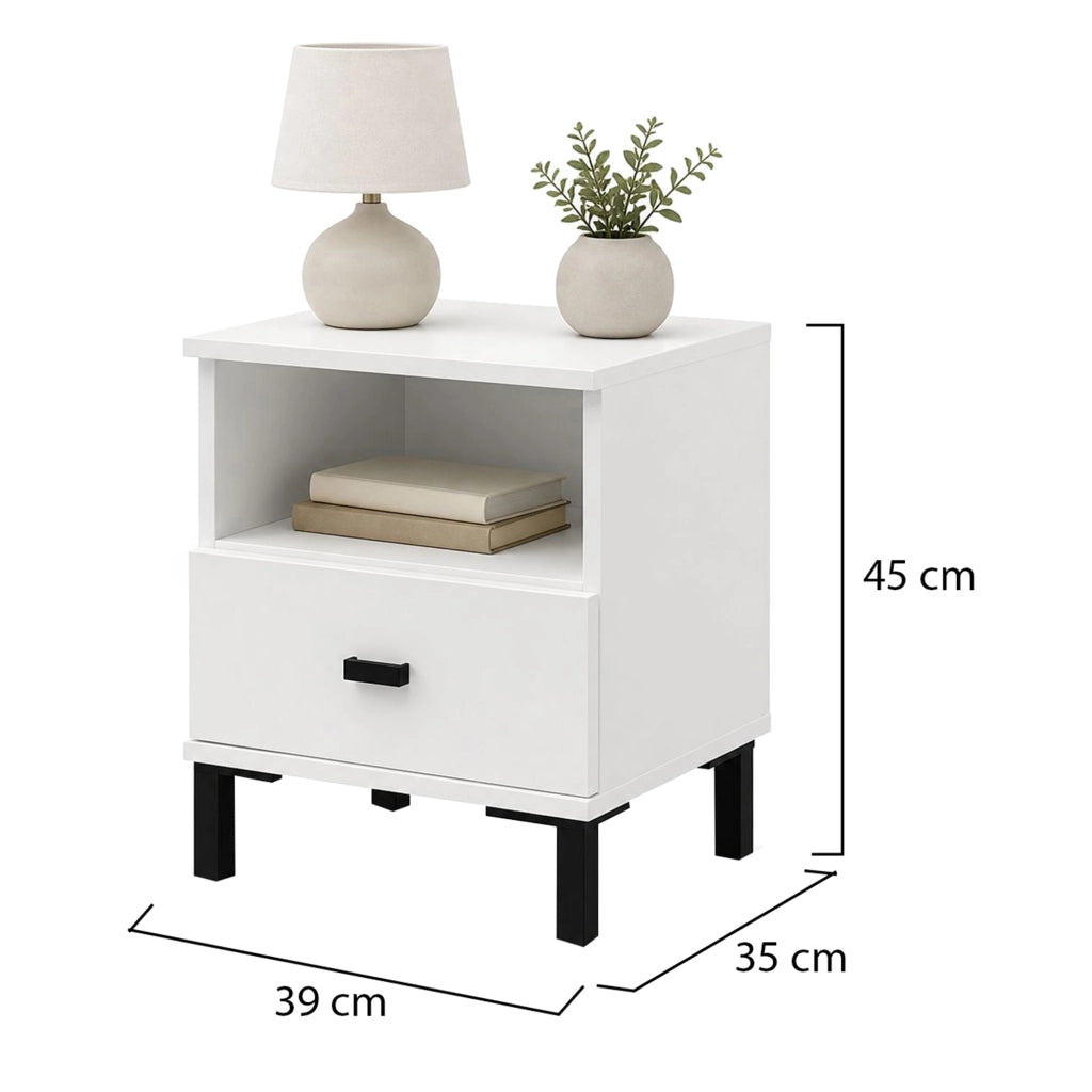Ghadam, Comodino un Cassetto, 39x35x45h cm Bianco Opaco