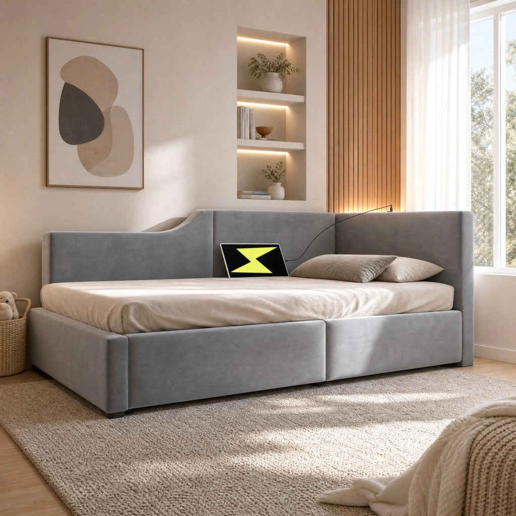 Letto imbottito daybed 90x190 cm con contenitore idraulico, lampada da lettura e porta USB-C, velluto grigio