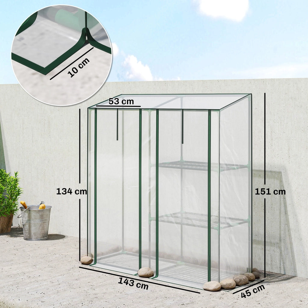 Serra Verticale a 2 Sezioni con 3 Ripiani, in Plastica e Acciaio, 143x45x151 cm, Verde Scuro e Trasparente