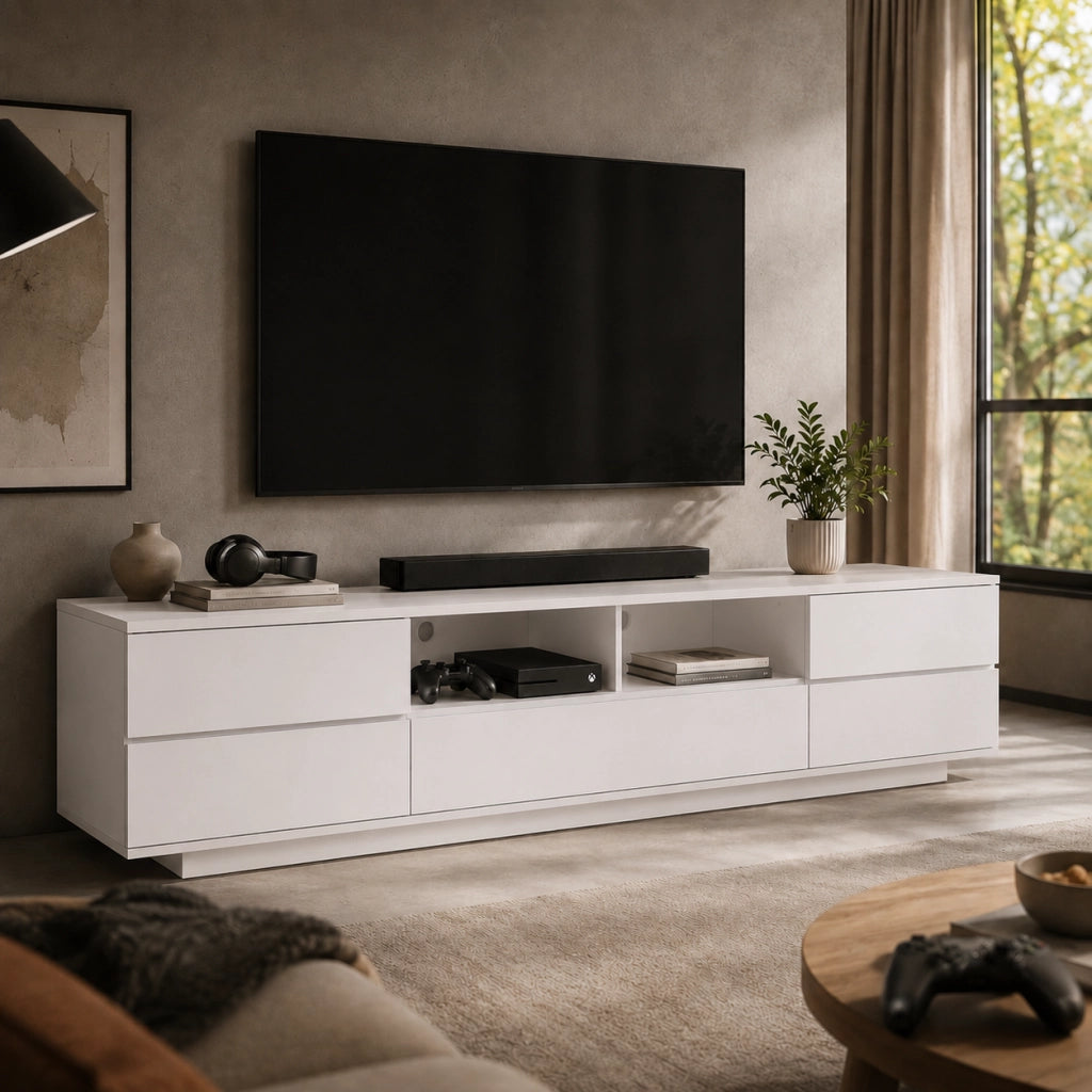 Mobile Porta TV Bianco Con 4 Ante 1 Anta A Ribalta 2 Vani A Giorno Con Passacavi Design Moderno In MDF Mobile Per Soggiorno Salotto Zona Living 180 x 38 x 46 Cm
