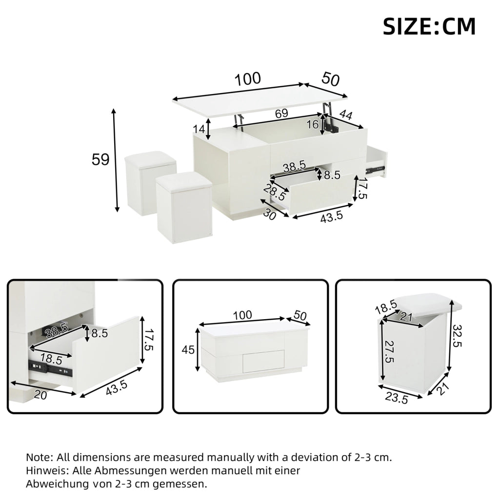Tavolino da caffè elevabile 100x50x45 cm con LED; 2 cassetti e 2 sgabelli; bianco