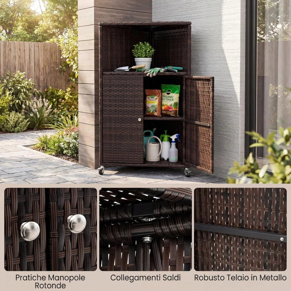 Armadietto da Esterno Angolare, Armadio da Esterno in Rattan PE con Ruote Bloccabili, 2 Ripiani Aperti e 2 Ante, Credenza da Cucina per Giardino, Piscina e Terrazza, 66 x 47 x 111 cm