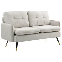 Divano 2 Posti in Tessuto Effetto Lino con Gambe in Acciaio e Cuscini Imbottiti, 139x68x80 cm, Bianco Crema