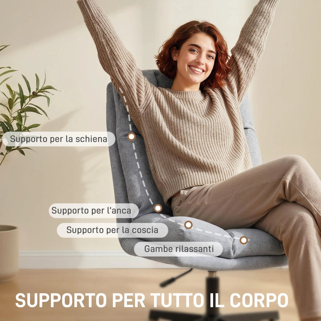 Sedia per Soggiorno Girevole in Tessuto Effetto Lino e Metallo, 63x75x92-102 cm, Grigio Chiaro