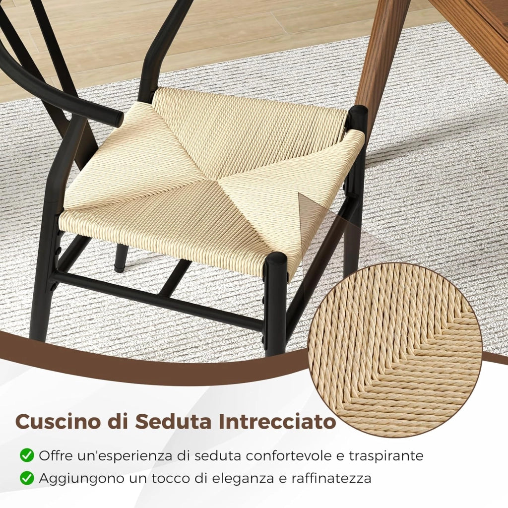 Set di 2 Sedie Sala da Pranzo, Sedie Impilabile Moderna in Metallo con Seduta Intrecciato, Schienale a Forma di Y e Braccioli, Poltrone per Ufficio, Cucina e Ristorante (Nero e Naturale)