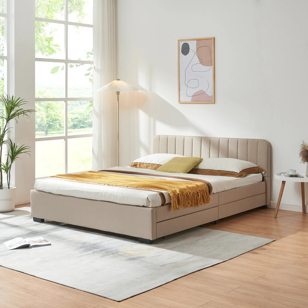 Letto Matrimoniale Nofrenna con Materasso 160x200 cm 4 Cassetti e Testiera - Beige [en.casa]