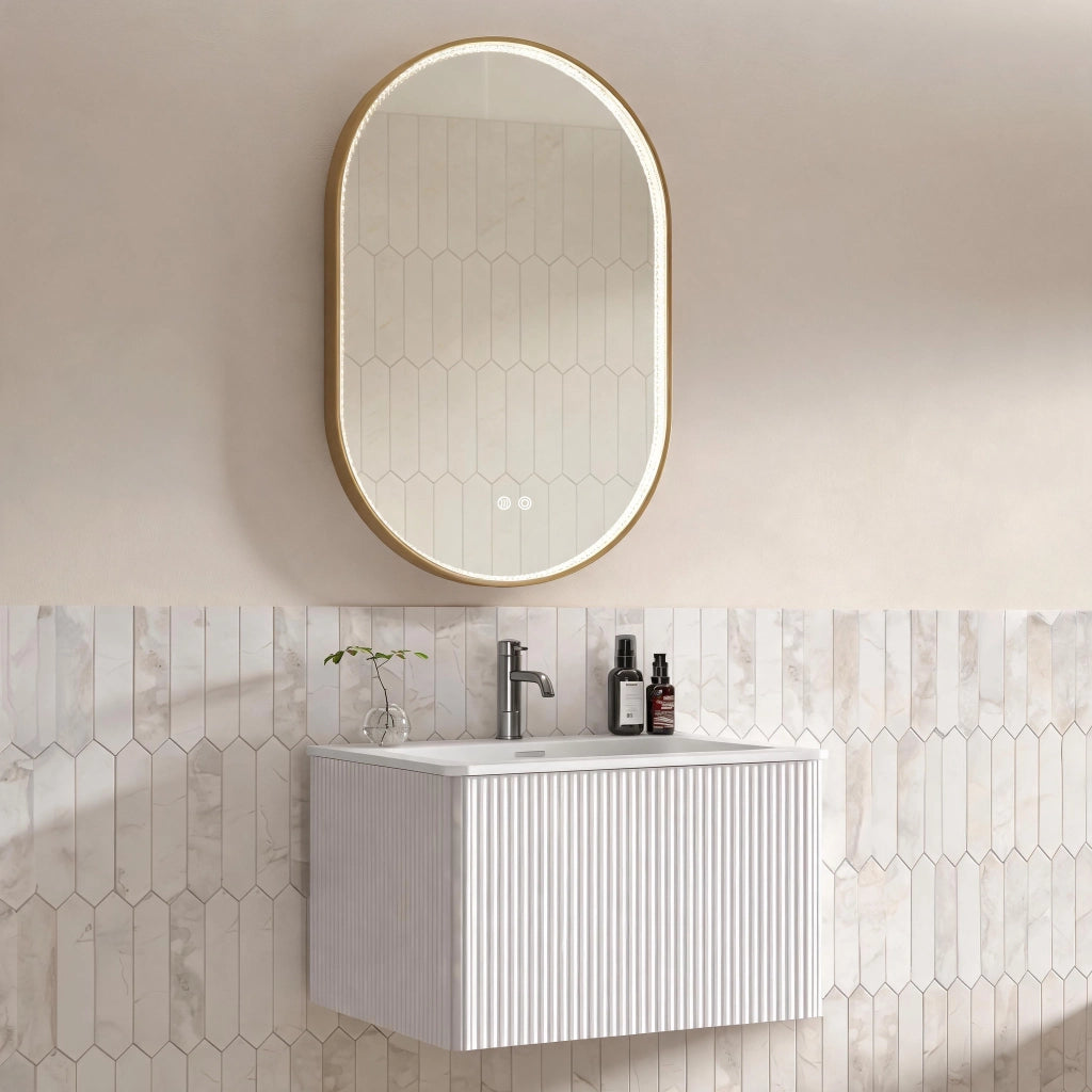 Mobile bagno sospeso con lavabo integrato; 1 cassetto e specchio LED con antiappannamento per bagno; bianco
