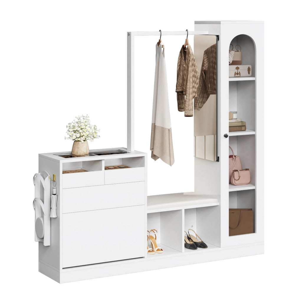 Combinazione Ingresso 6-in-1 con Specchio, Scarpiera, Appendiabiti e LED ¨C MINIMAL ¨C Bianco