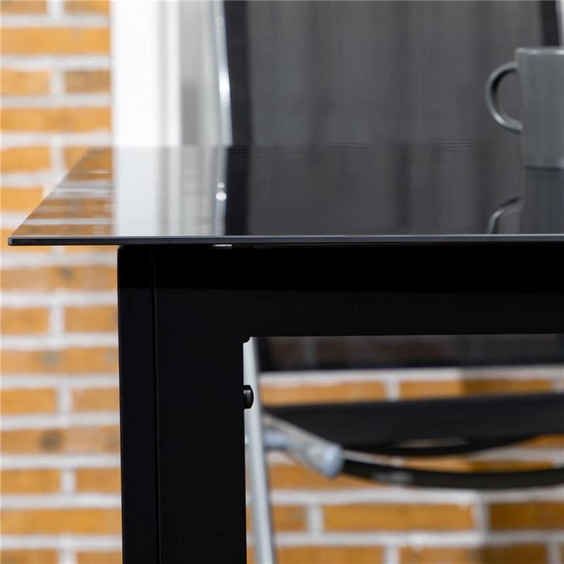 TAVOLO DA GIARDINO RETTANGOLARE PER 6 PERSONE CON PIANO IN VETRO E ALLUMINIO, 150X90 CM, NERO
