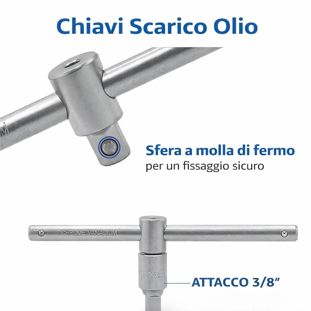 Set 23 Chiavi Bussola per Tappi Scarico Coppa Olio 3/8" e Prolunghe YZR-211