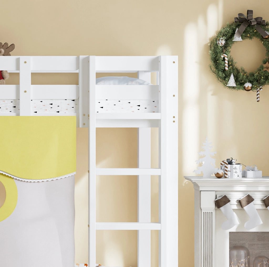 Letto a soppalco ULEVR 90x200 cm con scala, scivolo, tende e sponde di sicurezza, bianco