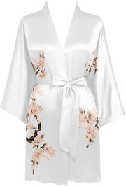 Camisetta da camera per donne con stampa di fiori, kimono da bagno estivo, giacca da camera corta, pigiama leggero, abito da spiaggia in seta per donne (bianco)