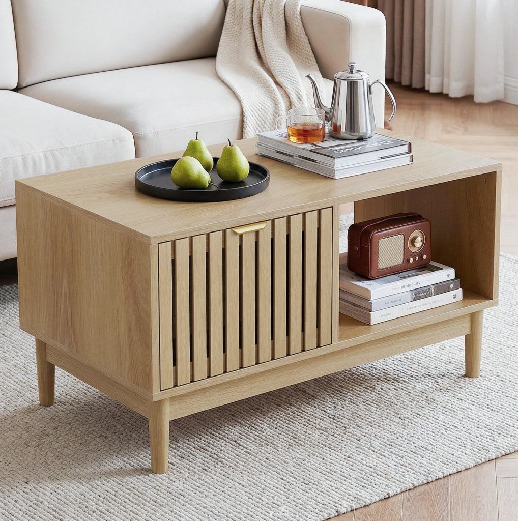 Tavolino da salotto rettangolare 80 cm in stile mid-century; colore rovere; con vani aperti