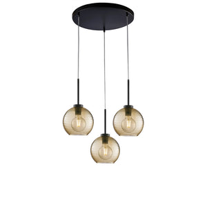 Sospensione Moderna Ankara 3 Luci Ferro Nero Vetro Soffiato Ambra
