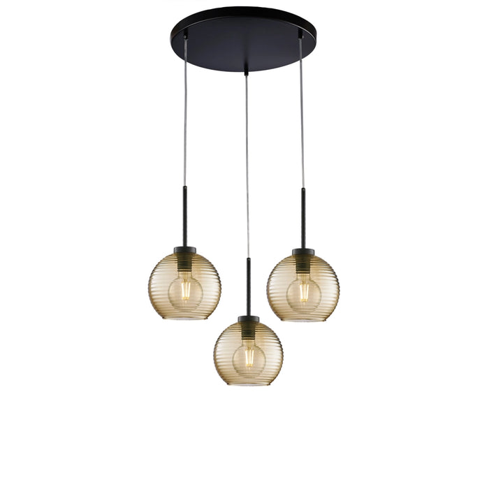 Sospensione Moderna Ankara 3 Luci Ferro Nero Vetro Soffiato Ambra