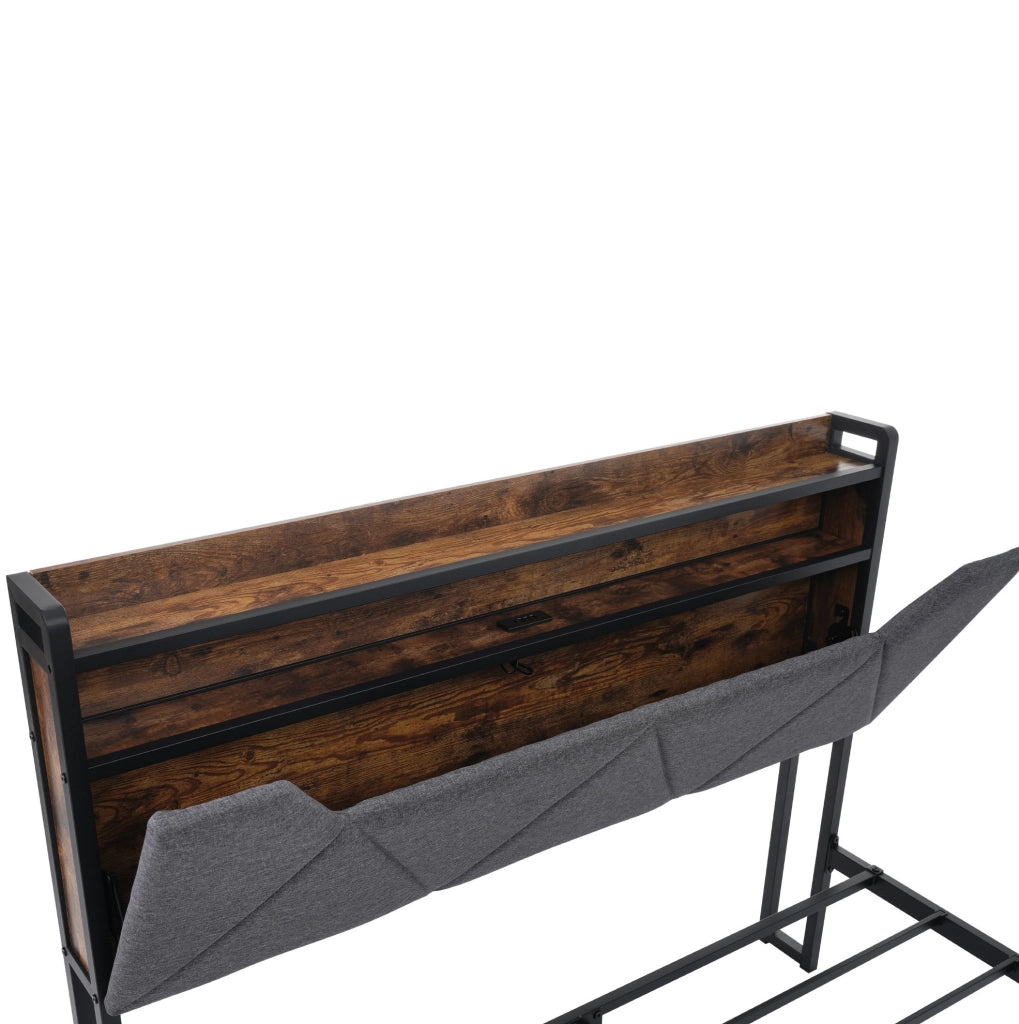 Letto matrimoniale ULEVR 160x200 cm con testiera contenitore, LED, USB e Type-C, 2 cassetti, grigio