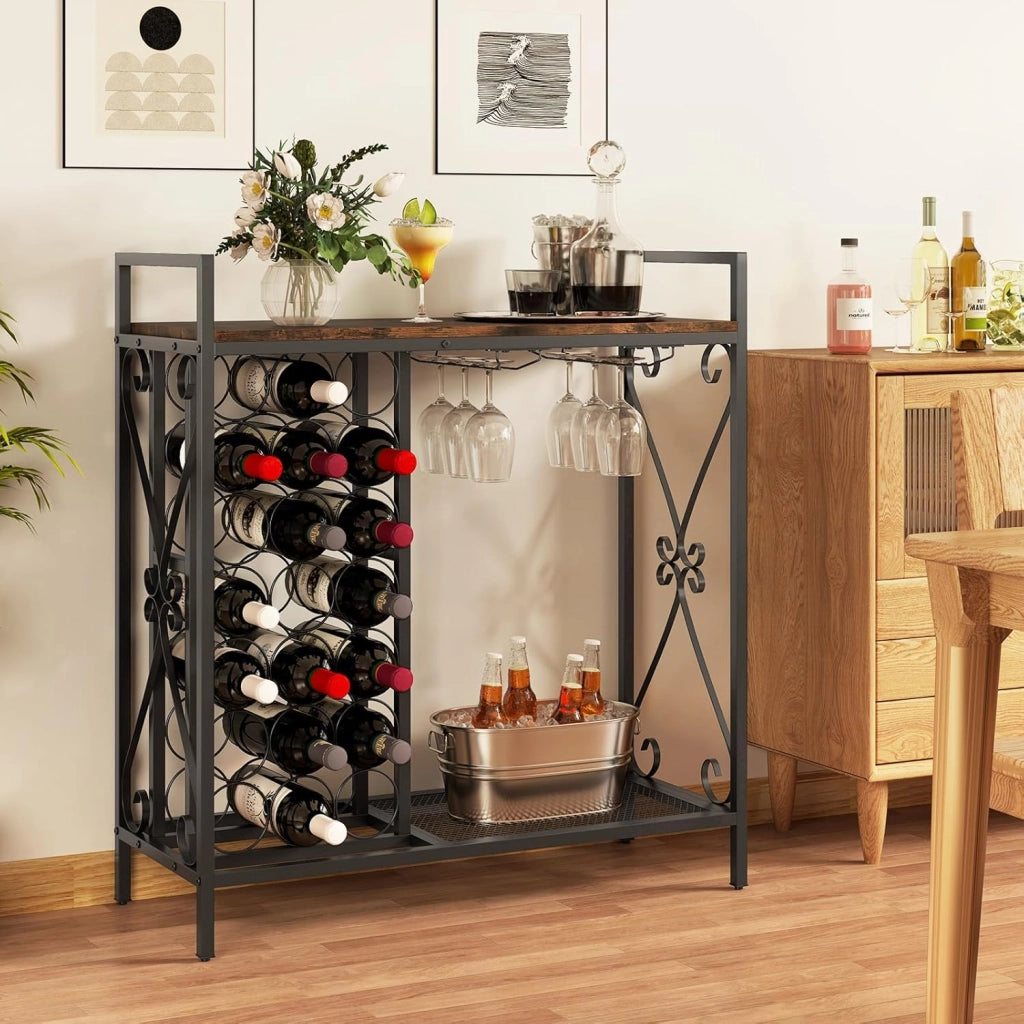 Portabottiglie da Terra per 21 Bottiglie, Portabottiglie da Vino con Supporto per Bicchieri, Piano in Legno e Mensola per Stoccaggio, Struttura Metallica，per Cucina e Bar (Marrone)