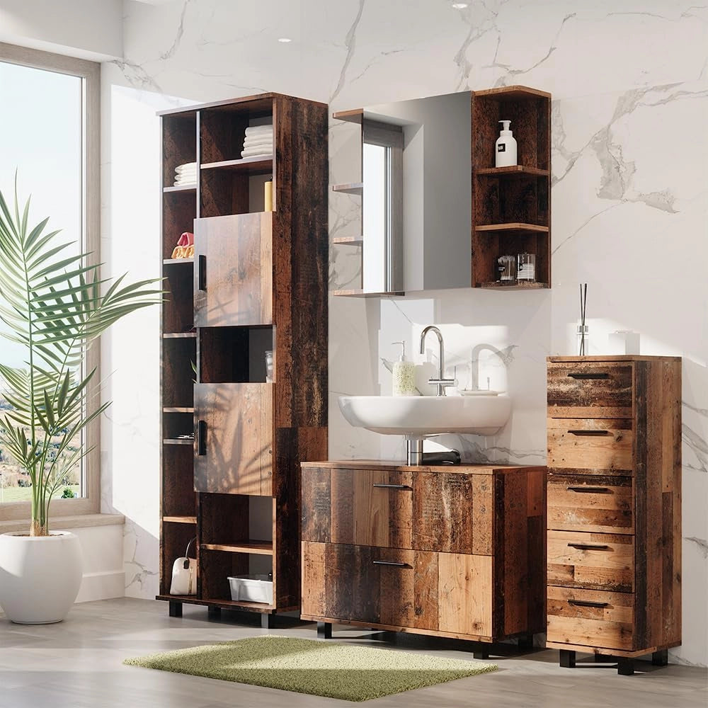 Set di mobili da bagno Ilias, Rovere rustico, 80.2 cm, composto da mobile lavabo, pensile a specchio, colonna e base media