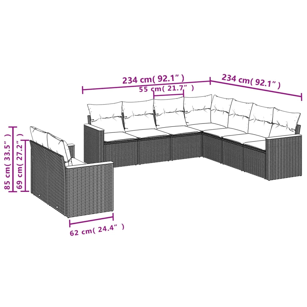 Set Divano da Giardino 9 pz con Cuscini Beige in Polyrattan 3226100