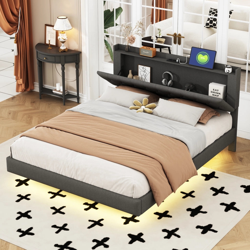 DESMIU Letto Matrimoniale 160 × 200 cm con USB, luce LED multicolore, contenitore, senza materasso, in tessuto grigio