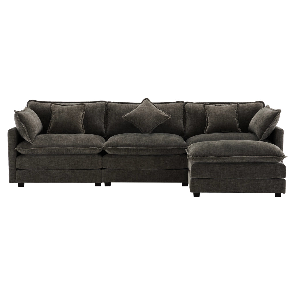Divano angolare 3 posti con pouf mobile e cuscini lombari in chenille grigio scuro