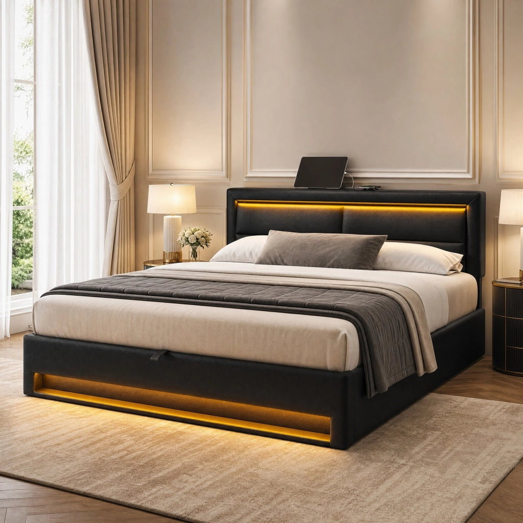 Letto imbottito 160x200 cm in PU nero con USB; LED e contenitore