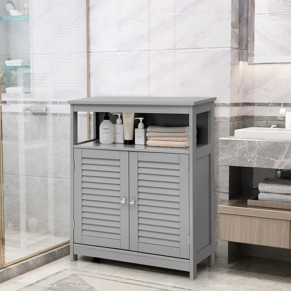 Armadietto Mobile Bagno Autoportante, con 2 Ante Legno e Ripiani Regolabili in Altezza, 3 Livelli, Multiuso e Salvaspazio, 30x60x80 cm (Grigio)