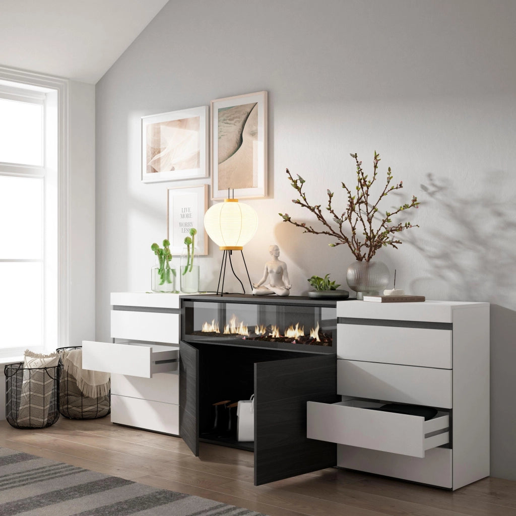 Cassettiera, 214x35x75cm, Camera da letto, Camino elettrico, Bianco e nero RF3425