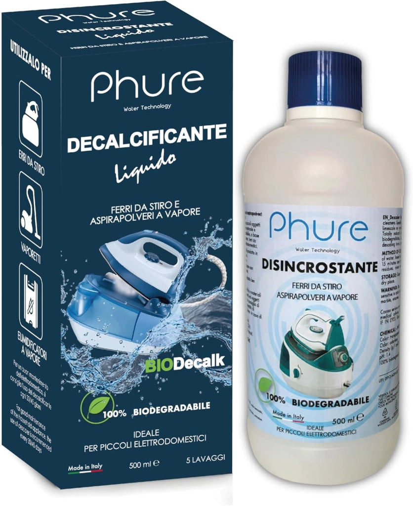 PHURE BIO DECALK Decalcificante Disincrostante Concentrato Universale ferri da stiro e aspirapolveri vapore, per piccoli elettrodomestici Compatibile con tutte le marche Biodegradabile 500ml