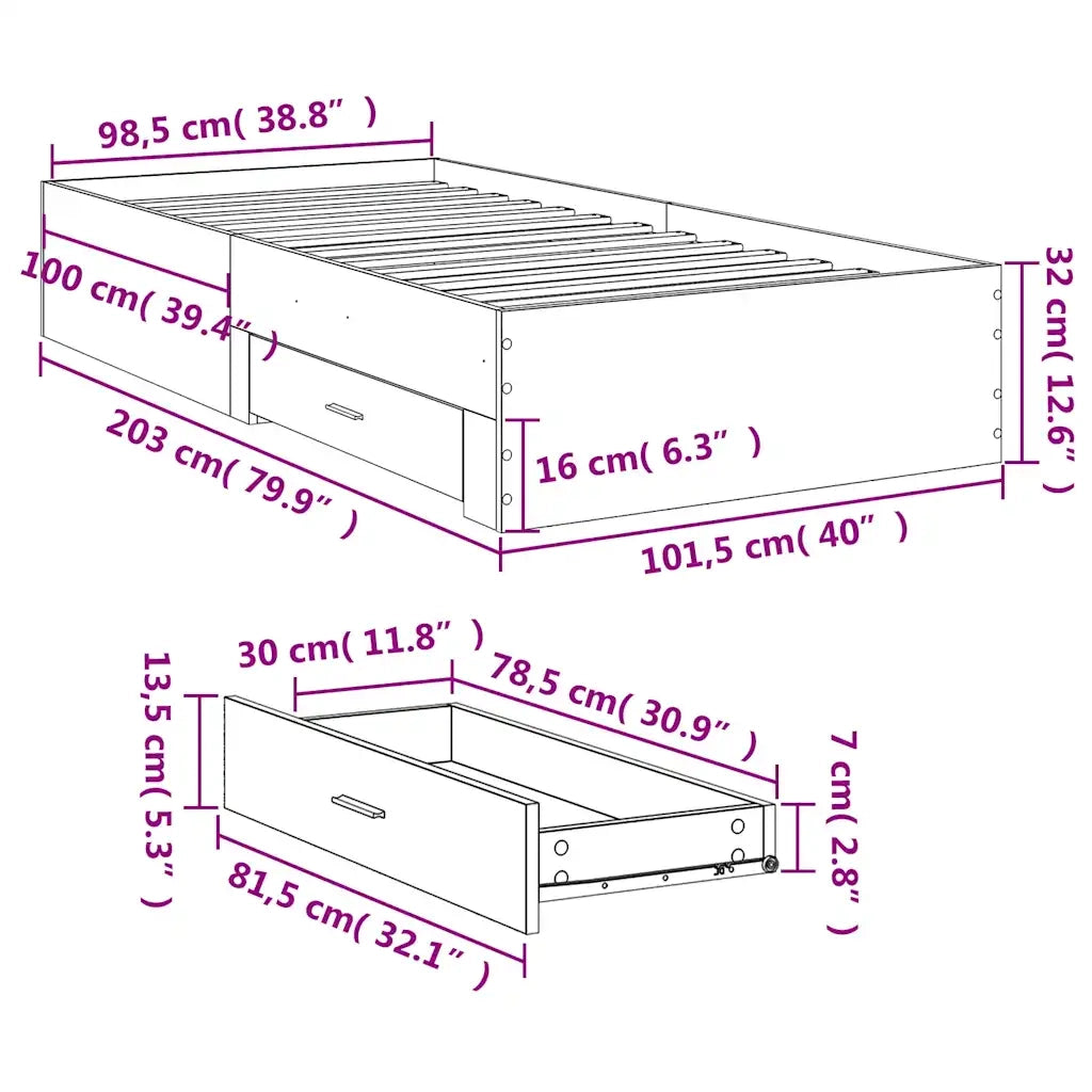 Letto singolo | Letto per adulti | Giroletto con Cassetti Bianco 100x200 cm in Legno Multistrato