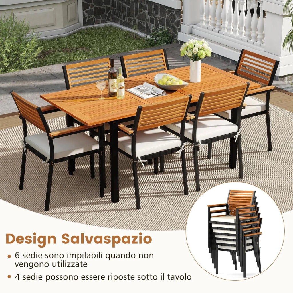 Tavolo Allungabile e 6 Sedie da Esterno, Pranzo da Giardino in Legno Massello, Tavolo con Foro per Ombrellone e Poltrone con Cuscini, Schienale e Braccioli, per Balcone e Cortile