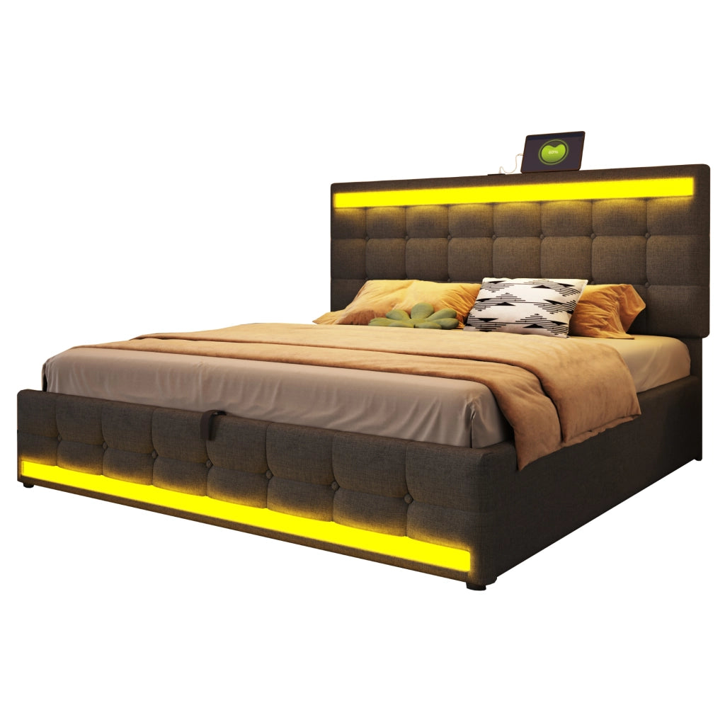 Letto imbottito con LED RGB, USB e contenitore integrato