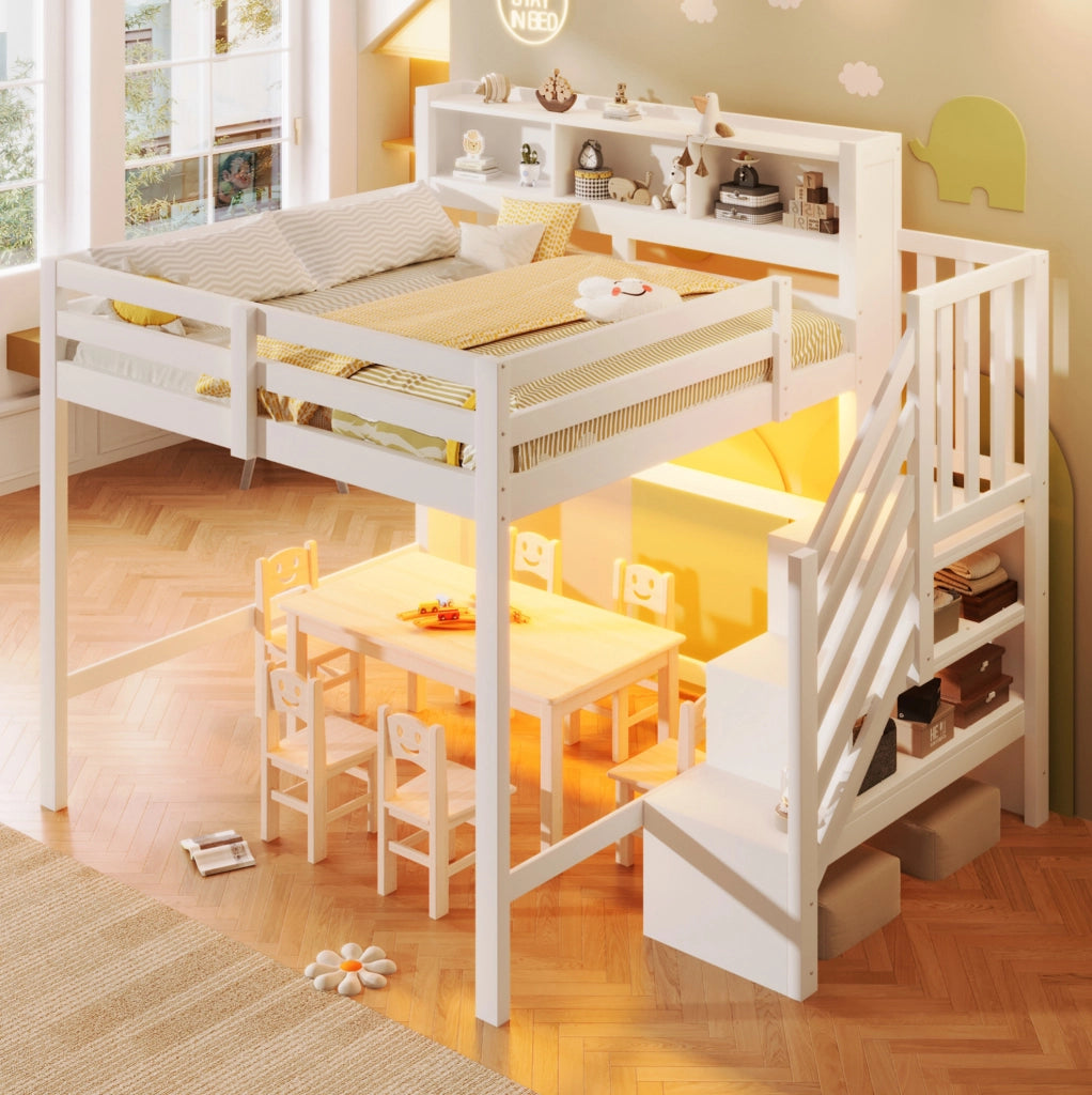Letto a soppalco 140x200 cm con LED e scala contenitore bianco