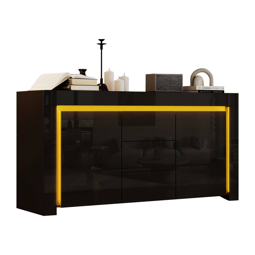 Sideboard moderno nero 140 x 40 x 65 cm con 2 ante, 3 cassetti, LED e finitura lucida
