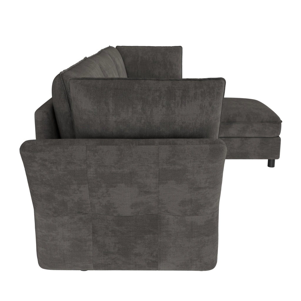 Divano modulare a L con pouf contenitore e cuscini in chenille grigio con braccioli ergonomici 4 5 posti