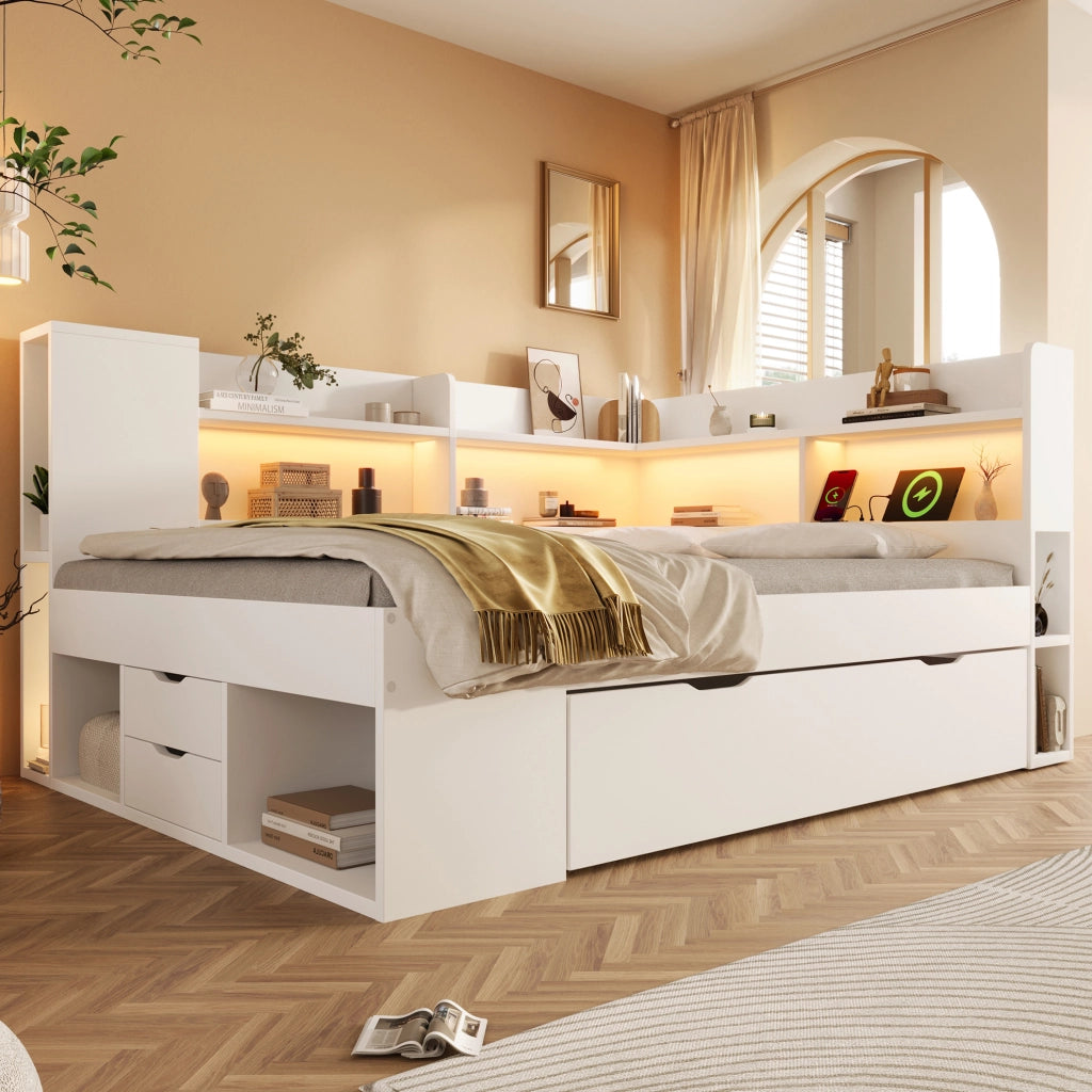Letto da giorno 140x200 cm bianco con LED, USB e cassetti