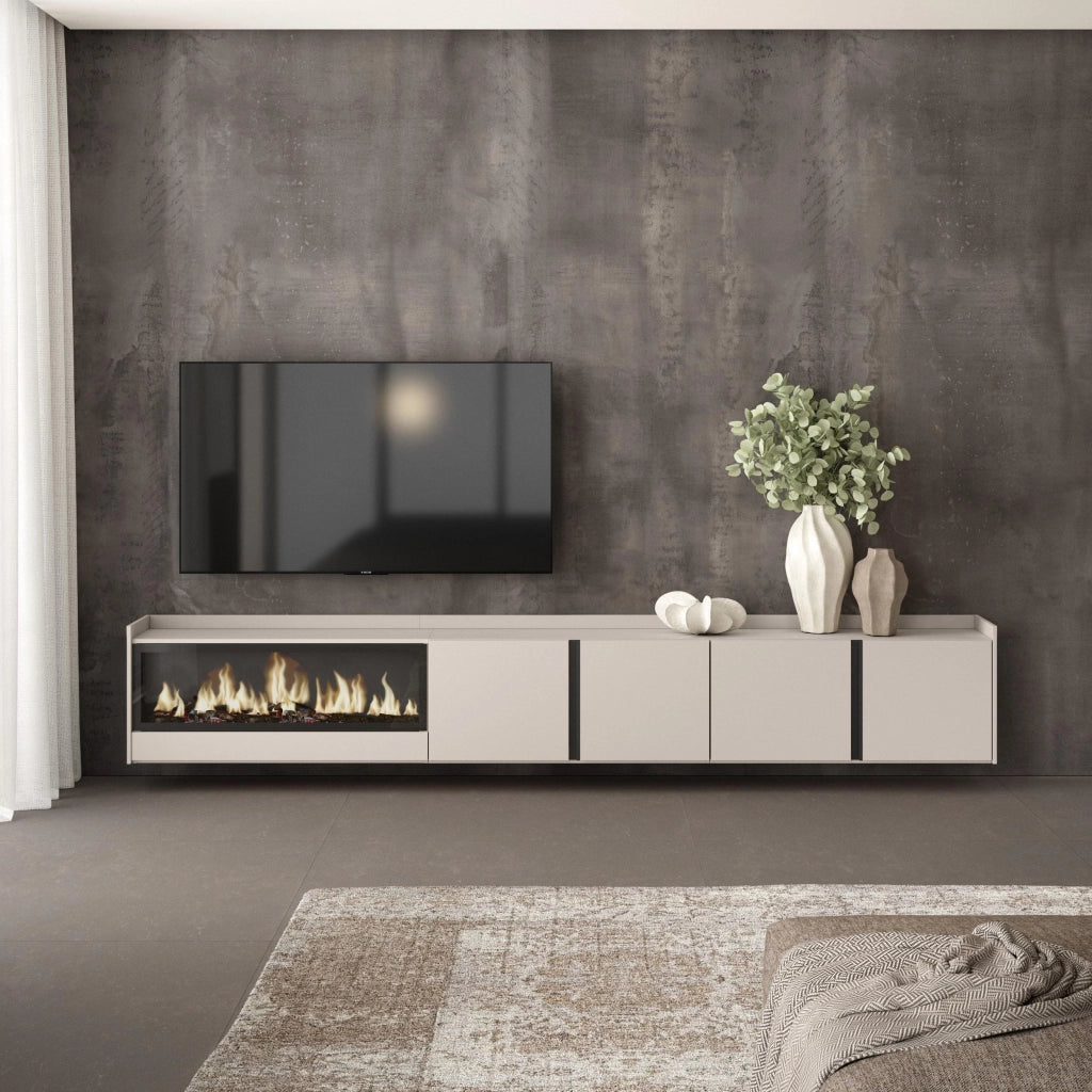 Mobile TV Soggiorno, 315x50x35 cm, Per TV fino a 80", Camino elettrico XXL, Sospeso, da appendere, Beige