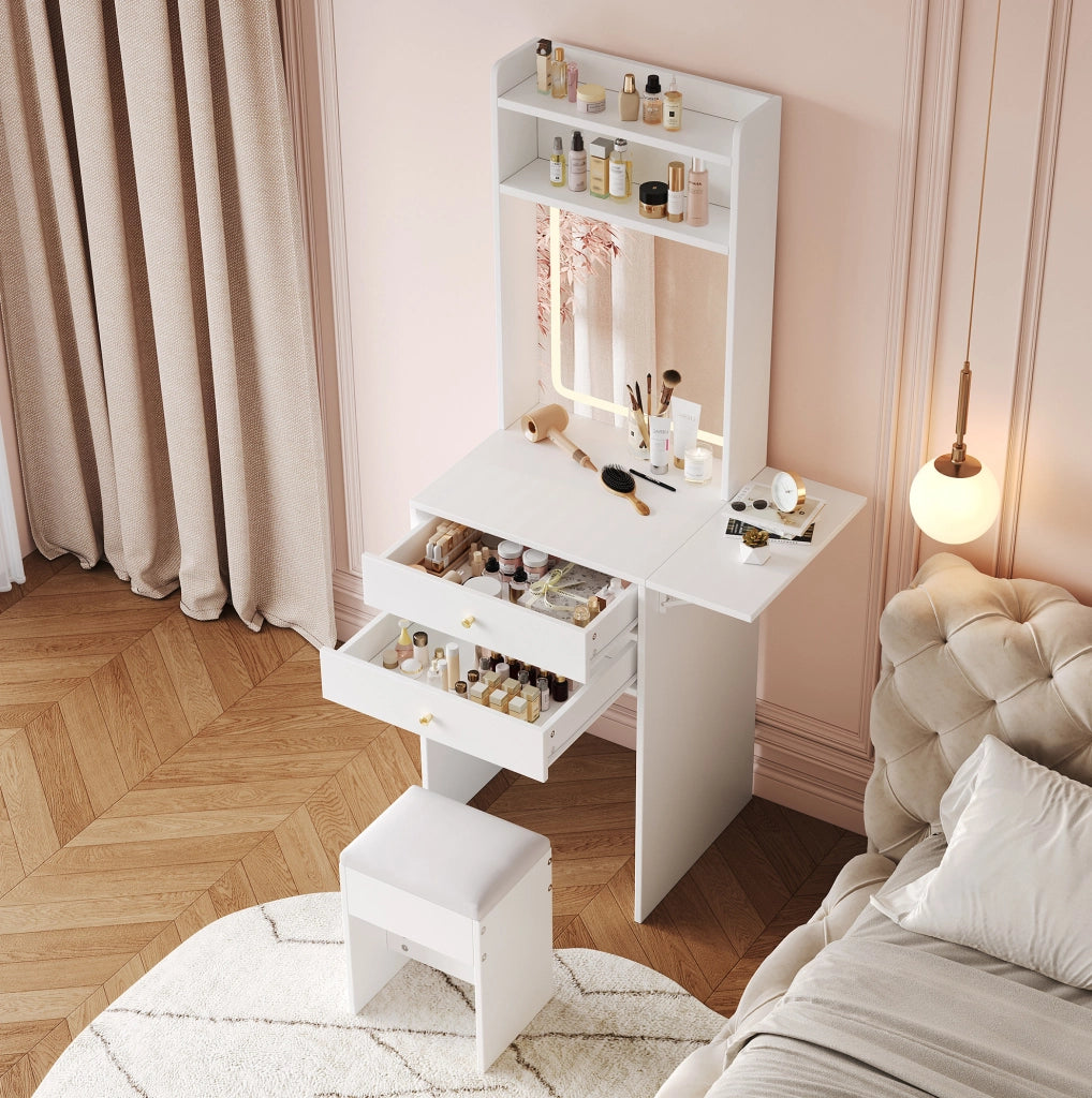 Toeletta 75x45x156 cm con piano pieghevole e LED a 3 colori in MDF bianco
