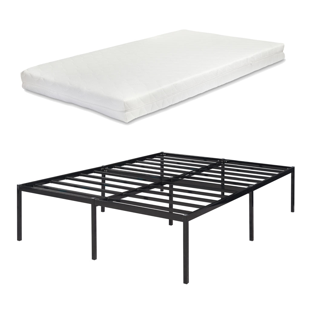 Letto Francese Vårdö in Acciaio Nero con Materasso a Schiuma Fredda 140 x 200 cm [en.casa]